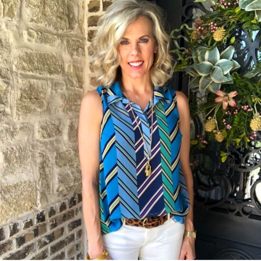 CAbi Blue and Green Striped Top